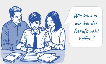 Informationen zur Berufswahl für Eltern Strichzeichnung eines Vaters und einer Mutter und zwischen ihnen sitzt ihr Sohn. In einer Sprechblase steht die Frage "Wie können wir dir bei der Berufswahl helfen?"