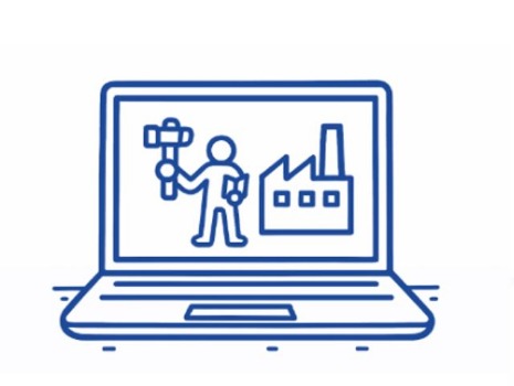 Minimalistisches, sketchnote‑artiges Bild: ein Laptop mit einem Fabrikgebäude und eine Figur mit Buch und Werkzeug auf dem Bildschirm.
