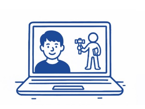 Minimalistisches, sketchnote‑artiges Bild: ein Laptop mit einem jungen Menschen und eine Figur mit Buch und Werkzeug auf dem Bildschirm.