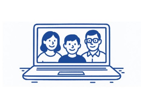 Bild im minimalistischen Stil: ein Laptop und auf dem Bildschirm sind Eltern mit ihrem Sohn zu sehen.