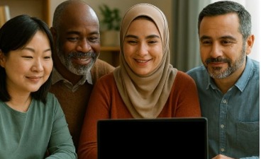 Vier Menschen mit Migrationshintergrund sitzen gemeinsam vor einem Laptop