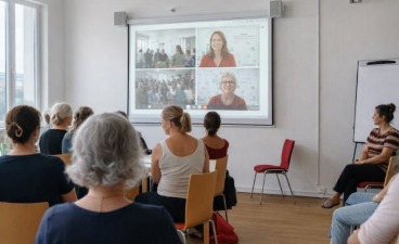 Teilnehmende der Veranstaltung sind von hinten zu sehen. Ein Beamer projiziert den Onlinevortrag an die Wand. 